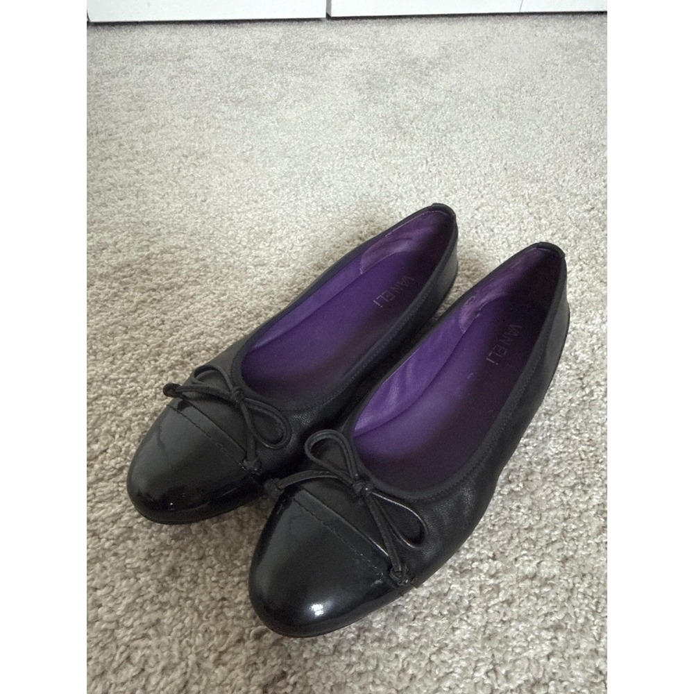 Vaneli Black Leather Patent Cap Toe Bow Ballet Flats Wedge Heel Shoes Size 7.5/8
